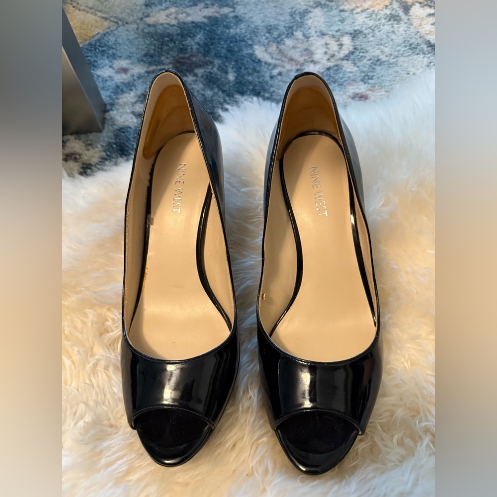 Nine West Glossy Black Peep Toe Heels